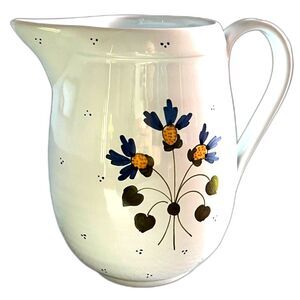 Vintage Williams Sonoma Italian Ceramic Pitcher Vase Blue Yellow Flowers 7.5"
